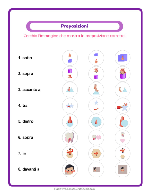 Anteprima della scheda di Preposizioni con Parti del corpo per Scuola dell'infanzia (5-7 anni)