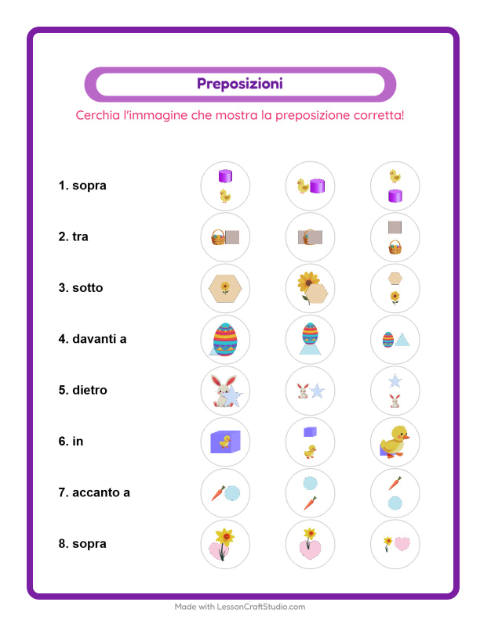 Anteprima della scheda di Preposizioni con Pasqua per Scuola dell'infanzia (5-7 anni)