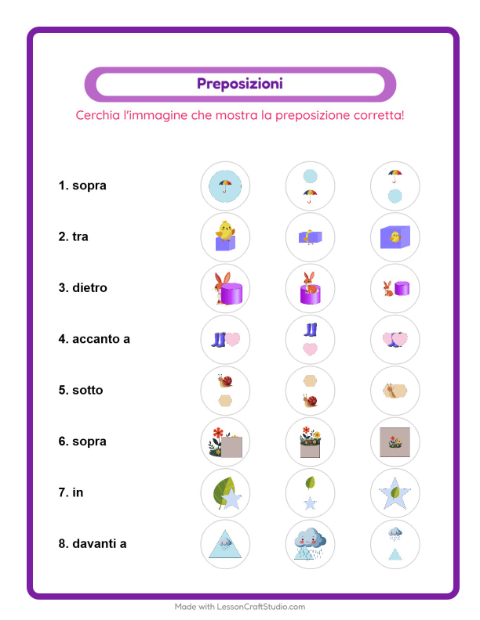 Anteprima della scheda di Preposizioni con Primavera per Scuola dell'infanzia (5-7 anni)