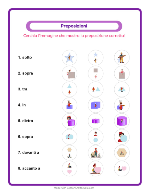Anteprima della scheda di Preposizioni con Professioni per Scuola dell'infanzia (5-7 anni)