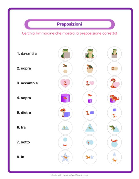 Anteprima della scheda di Preposizioni con Rettili e anfibi per Scuola dell'infanzia (5-7 anni)