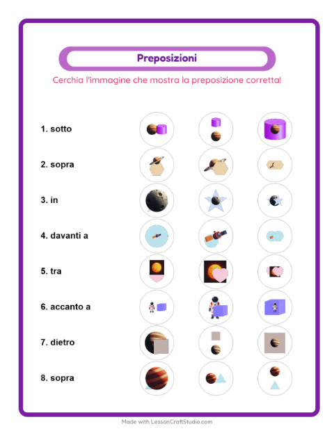 Anteprima della scheda di Preposizioni con Spazio per Scuola dell'infanzia (5-7 anni)