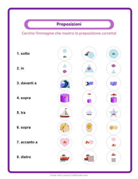 Anteprima della scheda di Preposizioni con Spiaggia per Scuola dell'infanzia (5-7 anni)