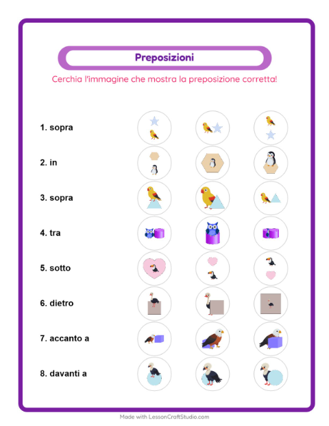 Anteprima della scheda di Preposizioni con Uccelli per Scuola dell'infanzia (5-7 anni)