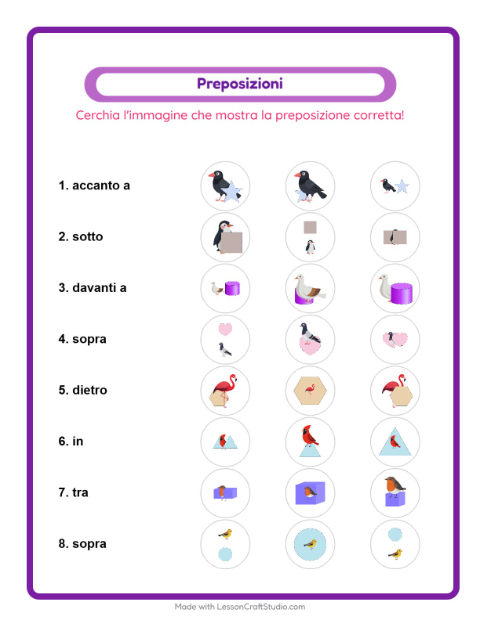 Anteprima della scheda di Preposizioni con Uccelli 2 per Scuola dell'infanzia (5-7 anni)