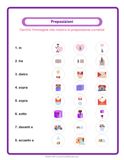 Anteprima della scheda di Preposizioni con Ufficio postale per Scuola dell'infanzia (5-7 anni)