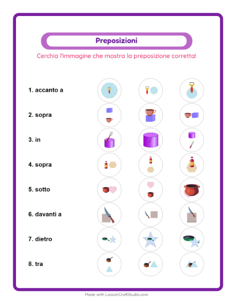 Anteprima della scheda di Preposizioni con Utensili da cucina per Scuola dell'infanzia (5-7 anni)
