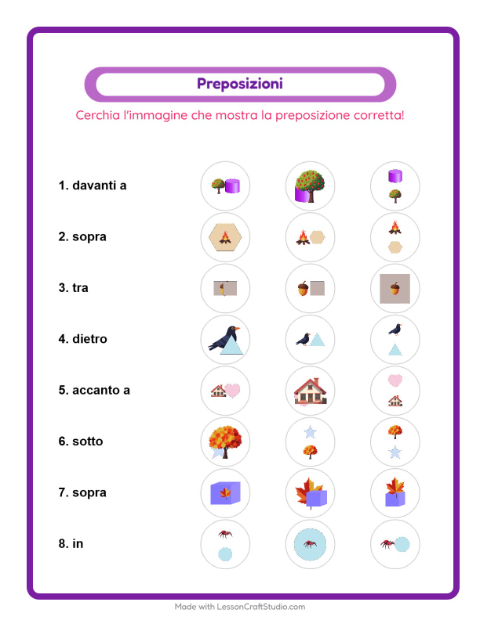 Anteprima della scheda di Preposizioni con Varie per Scuola dell'infanzia (5-7 anni)