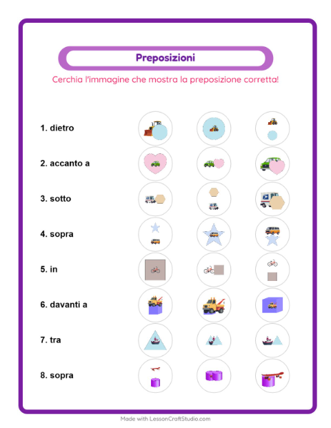 Anteprima della scheda di Preposizioni con Veicoli per Scuola dell'infanzia (5-7 anni)