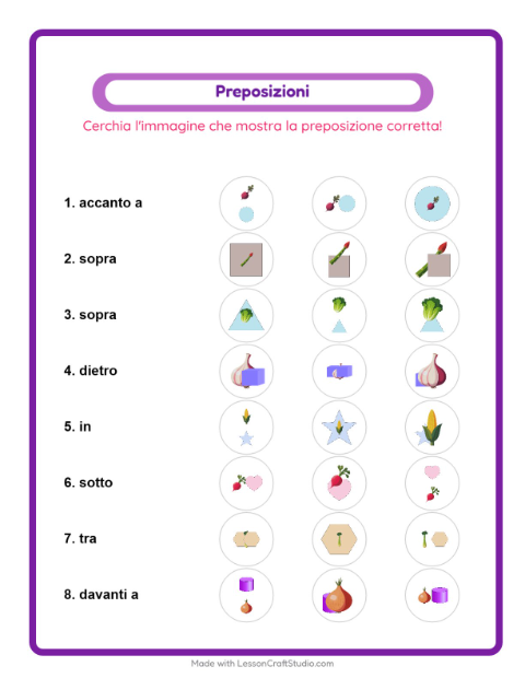 Anteprima della scheda di Preposizioni con Verdure per Scuola dell'infanzia (5-7 anni)