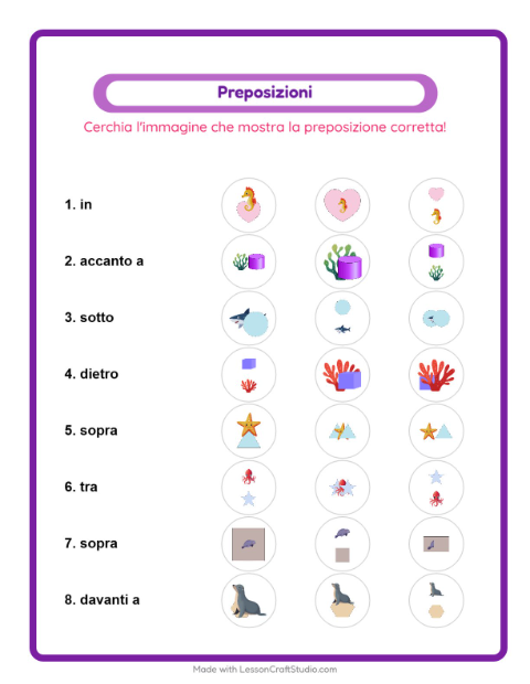 Anteprima della scheda di Preposizioni con Vita oceanica per Scuola dell'infanzia (5-7 anni)