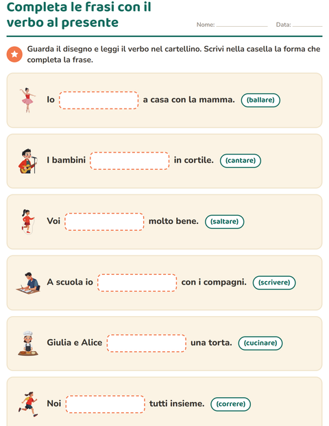 Completa le frasi con il verbo al presente: sei frasi con disegno