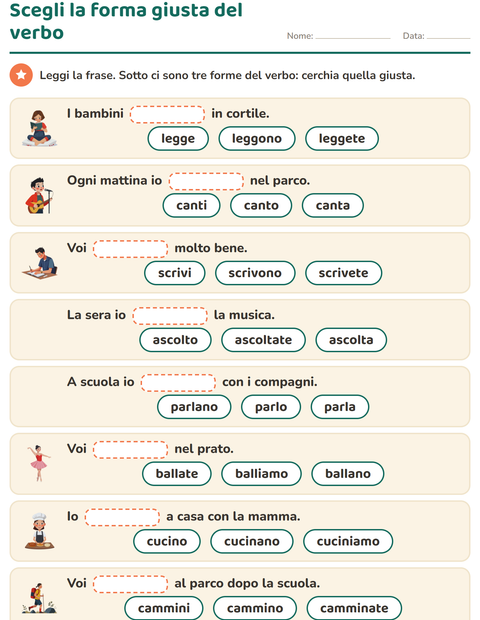 Scegli la forma giusta del verbo: cerchia una delle tre