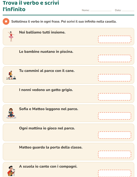 Anteprima di Trova il verbo e scrivi l'infinito: sottolinea e risali alla forma base