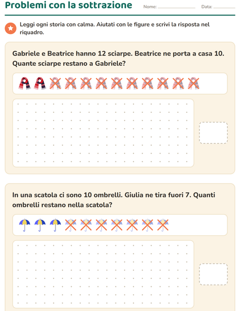 Anteprima della scheda di Problemi con addizioni e sottrazioni con Accessori per Scuola primaria classe prima