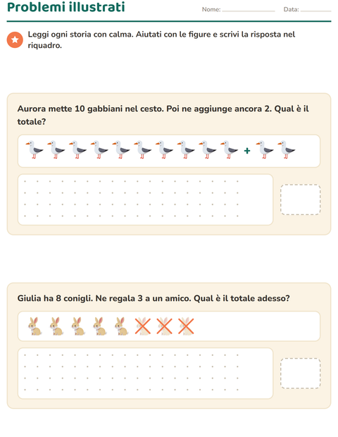 Problemi illustrati con gli animali per la classe prima