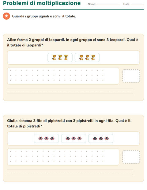 Problemi di moltiplicazione: due storie con i gruppi uguali già disegnati