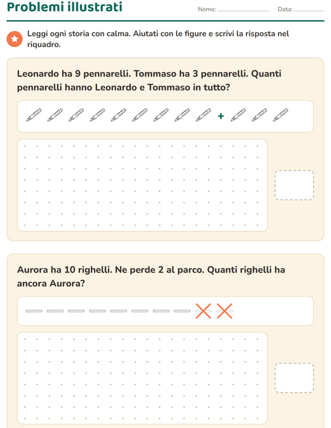 Anteprima della scheda di Problemi con addizioni e sottrazioni con Aula (B/N) per Scuola primaria classe prima