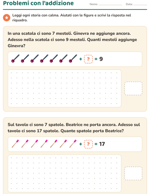 Anteprima della scheda di Problemi con addizioni e sottrazioni con Utensili da cucina per Scuola primaria classe prima