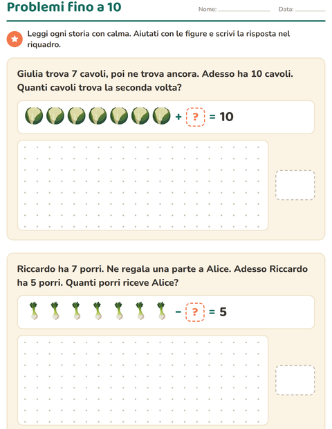 Anteprima della scheda di Problemi con addizioni e sottrazioni con Verdure per Scuola primaria classe prima