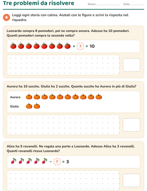 Anteprima della scheda di Problemi con addizioni e sottrazioni con Verdure per Scuola primaria classe prima