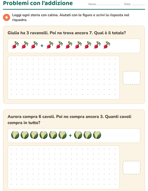 Anteprima della scheda di Problemi con addizioni e sottrazioni con Verdure per Scuola primaria classe prima