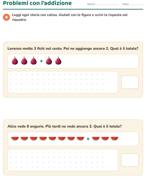 Problemi di addizione illustrati con la frutta