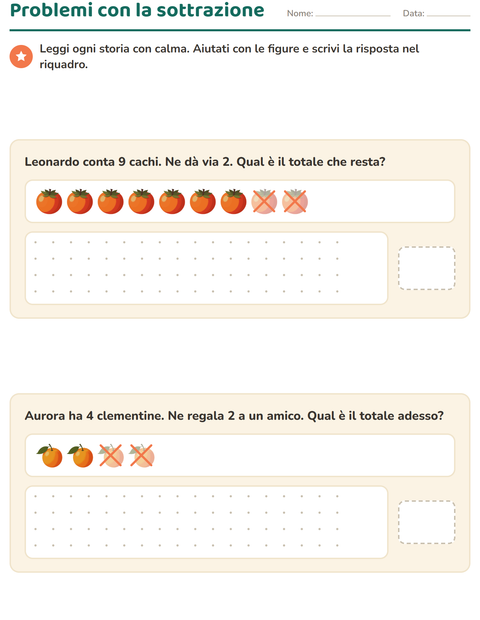 Problemi di sottrazione illustrati con la frutta