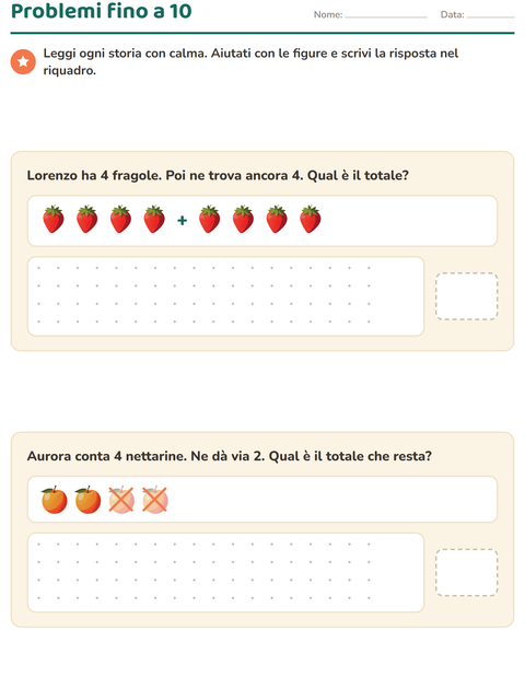 Anteprima della scheda di Problemi con addizioni e sottrazioni con Frutta per Scuola primaria classe prima