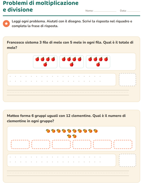 Anteprima della scheda di Problemi con addizioni e sottrazioni con Frutta per Scuola primaria classe terza