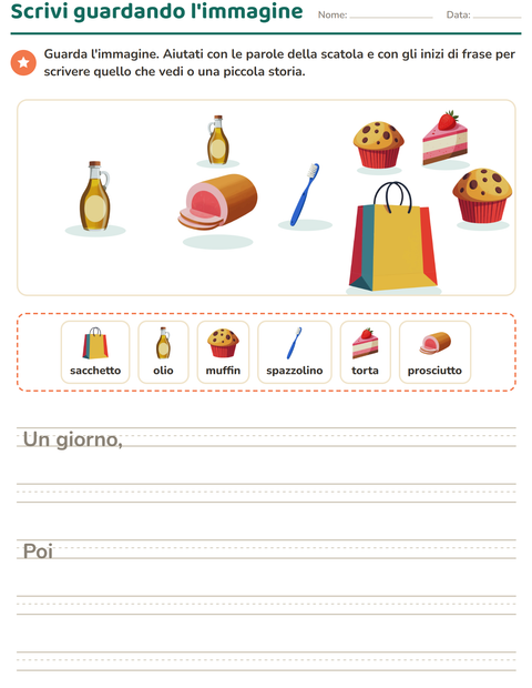 Anteprima della scheda di Produzione scritta con Al supermercato per Scuola primaria classe seconda