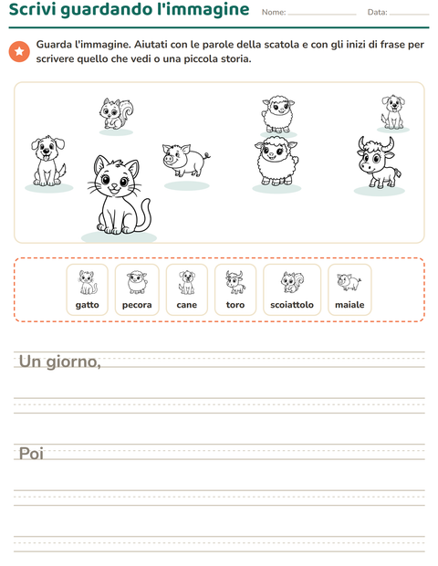Anteprima della scheda di Produzione scritta con Animali BN 2 per Scuola primaria classe seconda