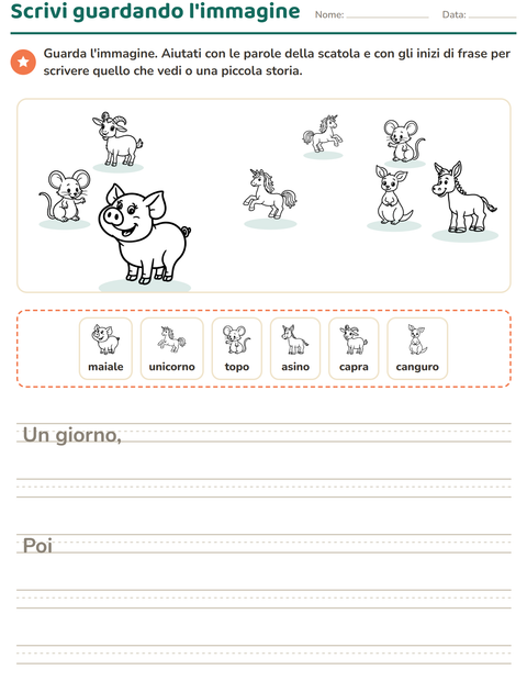 Anteprima della scheda di Produzione scritta con Animali BN 4 per Scuola primaria classe seconda