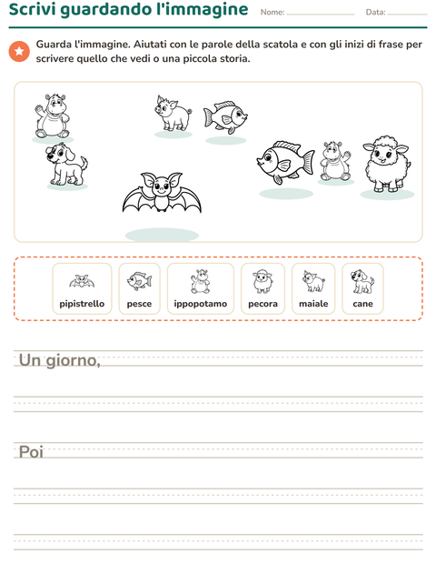 Anteprima della scheda di Produzione scritta con Animali BN per Scuola primaria classe seconda