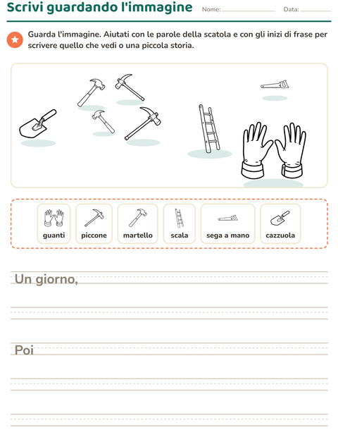Anteprima della scheda di Produzione scritta con Attrezzi BN per Scuola primaria classe seconda