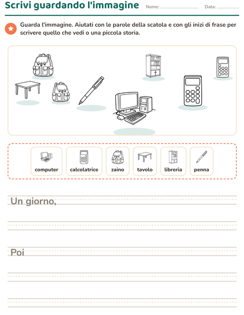 Anteprima della scheda di Produzione scritta con Aula 2 (B/N) per Scuola primaria classe seconda