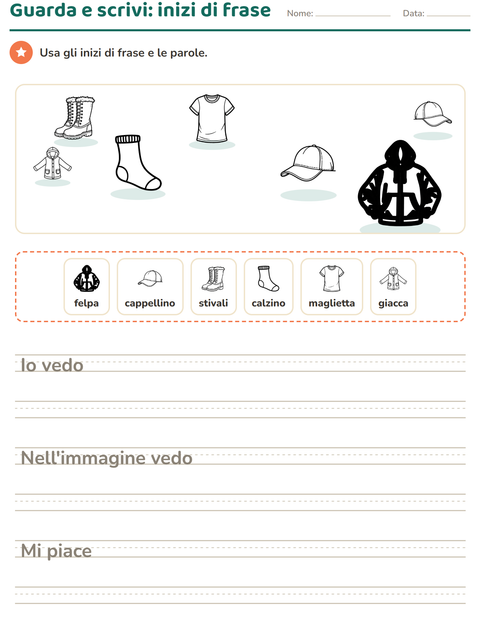 Anteprima della scheda di Produzione scritta con Abbigliamento BN per Scuola primaria classe seconda