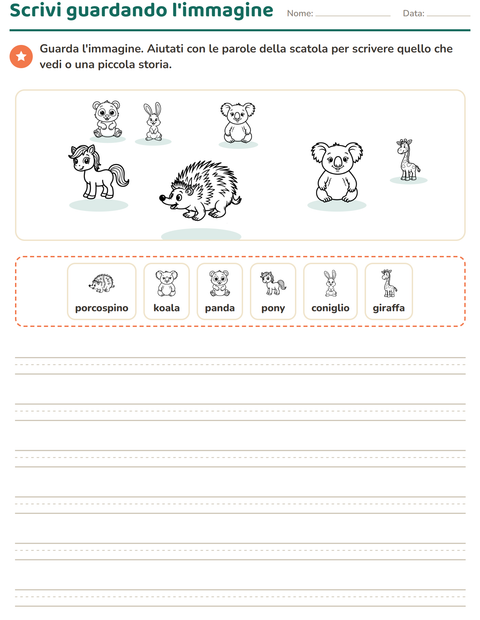 Anteprima della scheda di Produzione scritta con Animali BN 2 per Scuola primaria classe seconda