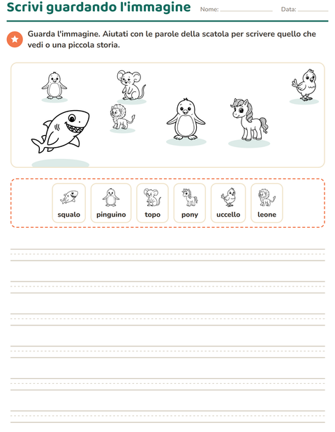 Anteprima della scheda di Produzione scritta con Animali BN 5 per Scuola primaria classe seconda