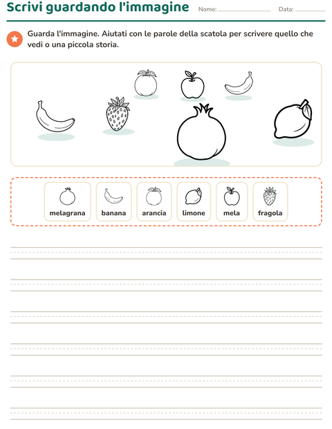 Anteprima della scheda di Produzione scritta con Frutta BN per Scuola primaria classe seconda