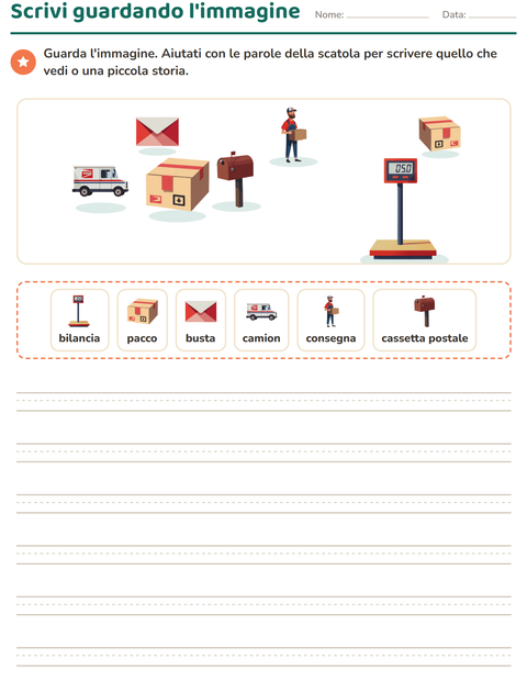 Anteprima della scheda di Produzione scritta con Ufficio postale per Scuola primaria classe seconda
