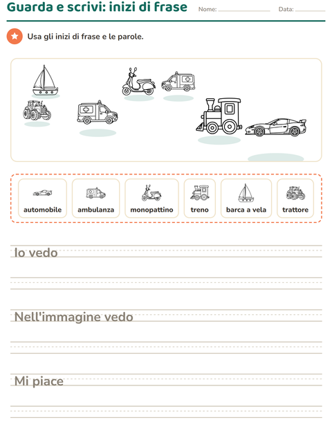Anteprima della scheda di Produzione scritta con Veicoli BN per Scuola primaria classe seconda
