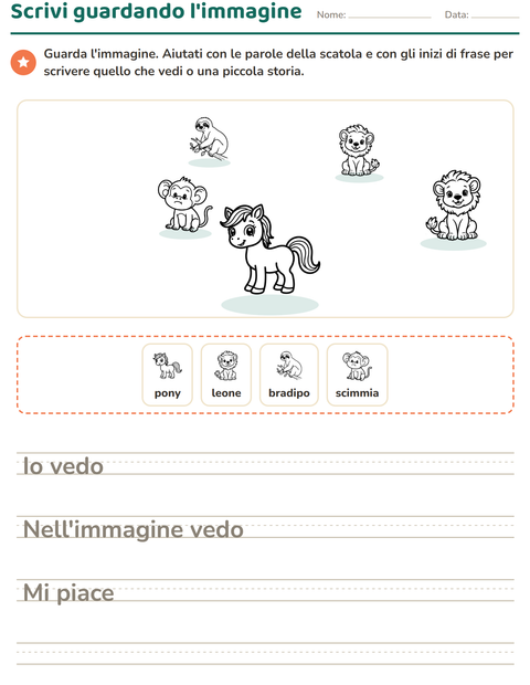 Anteprima della scheda di Produzione scritta con Animali BN 2 per Scuola primaria classe seconda