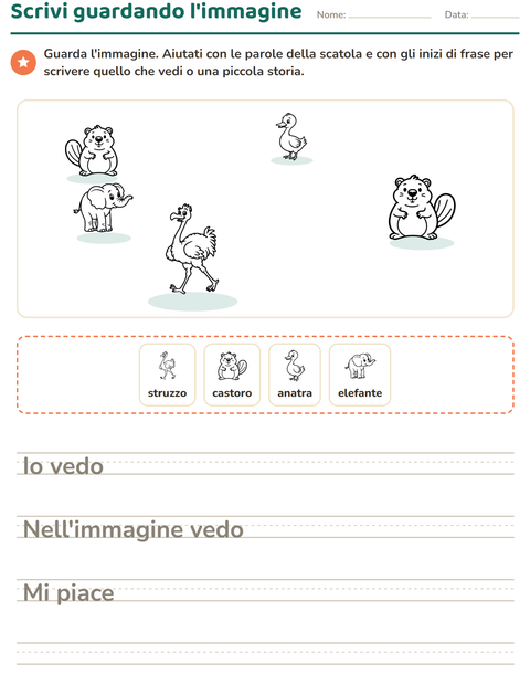 Anteprima della scheda di Produzione scritta con Animali BN 4 per Scuola primaria classe seconda
