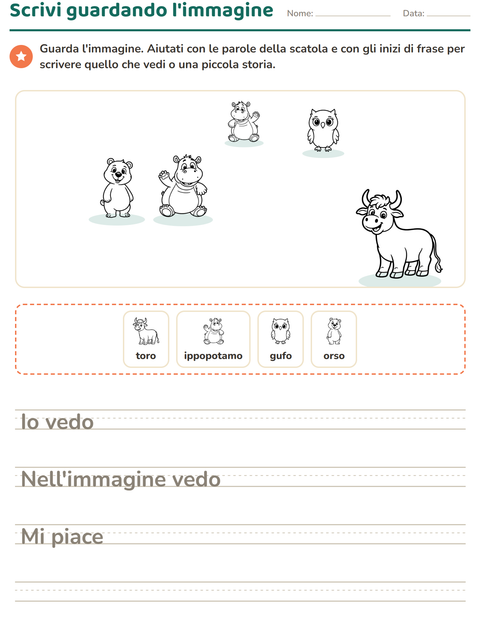 Anteprima della scheda di Produzione scritta con Animali BN per Scuola primaria classe seconda
