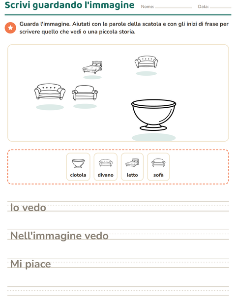 Anteprima della scheda di Produzione scritta con Mobili BN per Scuola primaria classe seconda