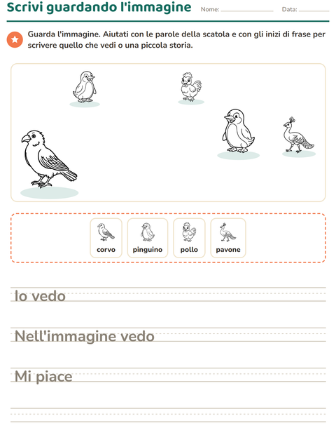 Anteprima della scheda di Produzione scritta con Uccelli B&N per Scuola primaria classe seconda