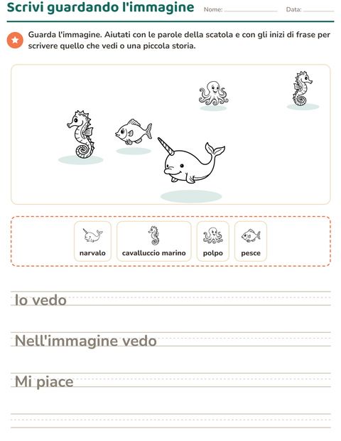 Anteprima della scheda di Produzione scritta con Vita marina BN 2 per Scuola primaria classe seconda