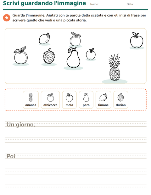 Anteprima della scheda di Produzione scritta con Frutta BN per Scuola primaria classe seconda