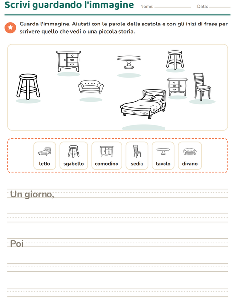 Anteprima della scheda di Produzione scritta con Mobili BN per Scuola primaria classe seconda